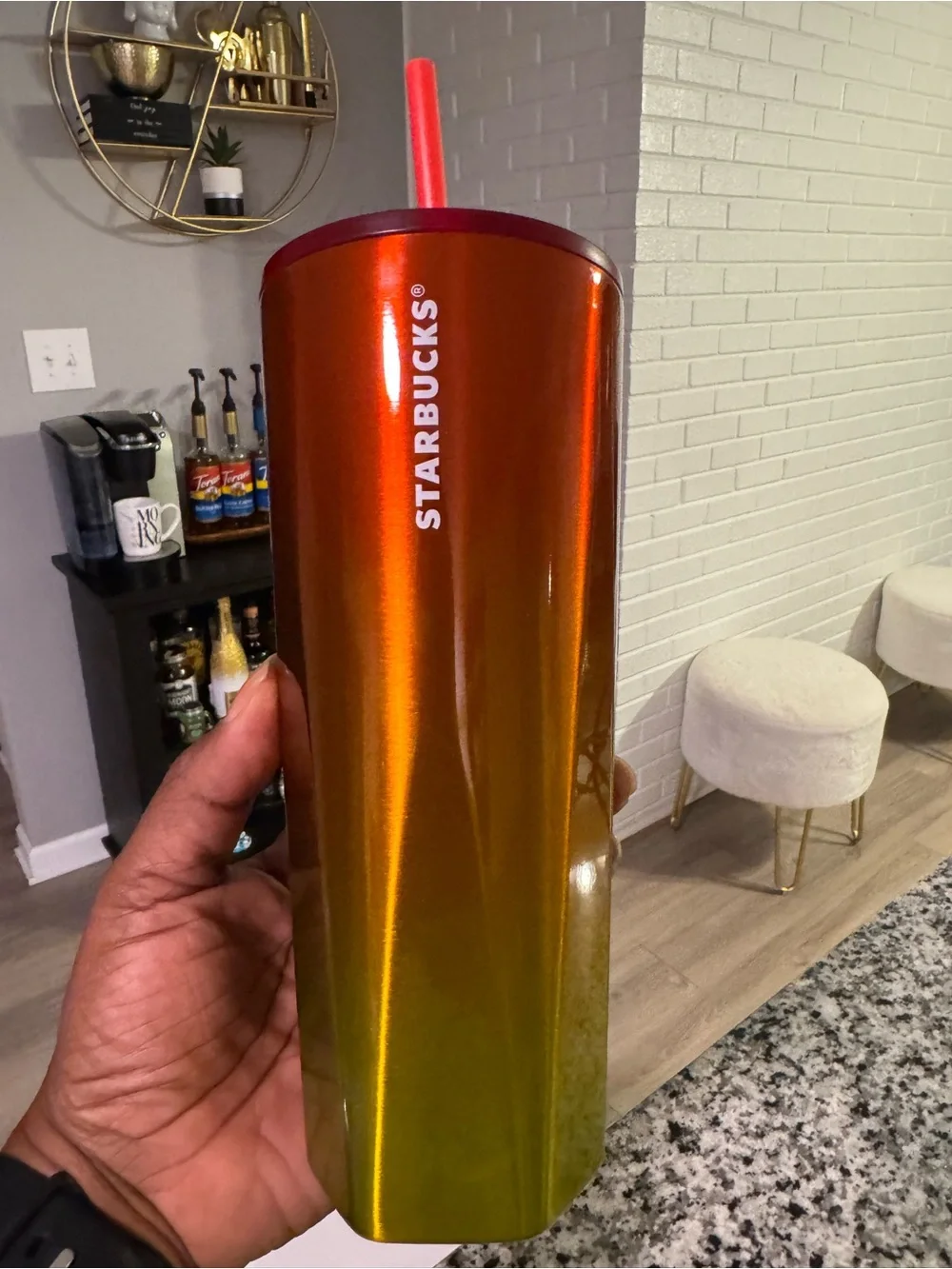Starbucks Iridescent Orange and Gold Stainless Steel Tumbler with Red Straw